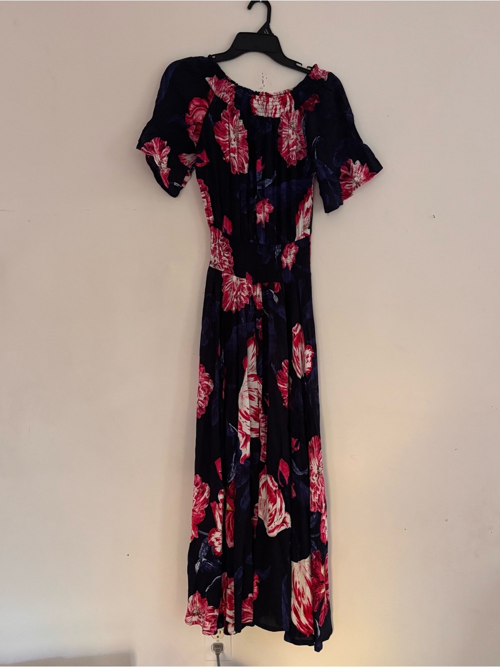 JAASE Navy Pink Floral Smocked Waist Boho Maxi Dress Small